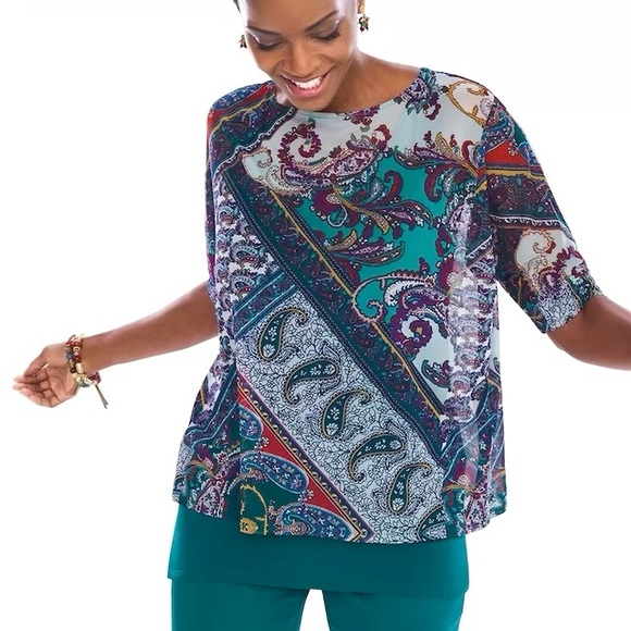 Chico’s Paisley Overlay Top Women’s Size M Boat Neck Short Sleeve Mesh Boat Neck - Picture 1 of 11